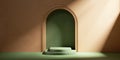 3d render. Abstract architectural background. Terracotta wall with empty green arch niche and steps. Modern minimal showcase scene