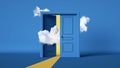 3d render, abstract background with blue doors, yellow light and white clouds