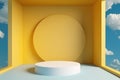 3d render abstract background with blue sky inside the window, yellow wall, AI generated Royalty Free Stock Photo