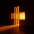 3d render, abstract background, bright yellow neon light shining out of the cross shaped hole in the wall. Magical tunnel entrance