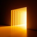3d render, abstract background, bright yellow neon light shining out of the hole in the wall. Square window, cave, door, portal.