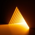 3d render, abstract background, bright yellow neon light shining out of the triangular hole in the wall. Magical tunnel entrance,