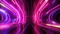 3d render, abstract background with curvy neon lines glowing with pink light, empty room with floor reflections