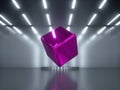 3d render, abstract background, glossy pink chrome cube, shiny metallic geometrical shape inside dark room Royalty Free Stock Photo