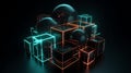 3d render, abstract background with glowing cubes and spheres. 3d illustration Royalty Free Stock Photo