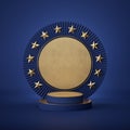 3d render. Abstract background. Golden stars over blue. Premium design, blank banner, award template, round frame Royalty Free Stock Photo