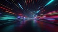 3d render, abstract background with neon light trails moving rapidly in a dark tunnel Royalty Free Stock Photo
