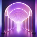 3d render, abstract background with neon lights, corridor with arches Generative AI