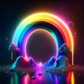 3d render, abstract background with neon rainbow, mountains and clouds Generative AI