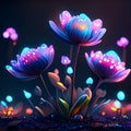 3d render of abstract background with purple flowers and bokeh lights AI generated Royalty Free Stock Photo