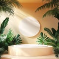 3d render, abstract background with round podiums, palm leaves and sun. Royalty Free Stock Photo