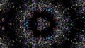 3d render. Abstract background with symmetrical structures like kaleidoscope with lighting bulbs, multicolor neon lights