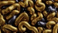 3d render, abstract background with tangled metallic snakes, shiny scales texture macro.