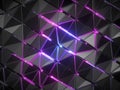 3d render, abstract black metallic faceted background, pink violet glowing neon light, triangular mosaic tiles