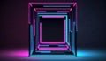 3d render, abstract blue pink background with glowing neon square frame. Laser geometric linear shape inside the dark tunnel
