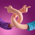 3d render abstract cartoon character flexible boneless hands, funny body parts interaction, pointing finger direction gesture