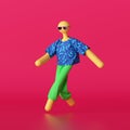 3d render, abstract cartoon character wearing colorful clothes and sunglasses isolated on red background. Bald toy without face.