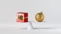 3d render, abstract choice concept. Balancing red gift box and gold glass ball placed on scales, isolated on white background.