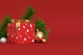 3d render abstract christmas background red scene gift box gold ball-ribbon