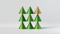 3d render, abstract Christmas infographics. Uniqueness concept. Gold cone among green cones. Business metaphor. Modern minimal