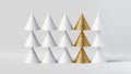 3d render, abstract Christmas infographics. Uniqueness concept. Gold cones among white cones. Business metaphor. Modern minimal