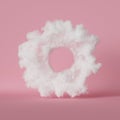 3d render, abstract cloud donut shape, isolated on pastel pink background. Hole inside the round shape.