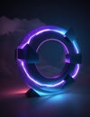 3d render, abstract cloud illuminated with neon light ring on dark night sky. Glowing geometric shape, round frame