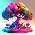 3d render, abstract colorful bonsai tree on a colored background generative AI