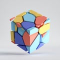 3d render, abstract colorful fragments, broken cube. Blue red yellow polygonal mosaic elements. Split geometric object Royalty Free Stock Photo