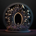 3d render, abstract composition, black background, round stage with gold frame and floral pattern Royalty Free Stock Photo