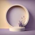 3d render, abstract composition with round podium and lavender flowers, pastel colors, minimal design Royalty Free Stock Photo