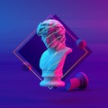 3d-illustration of an abstract composition of bust and primitive objects on violet background