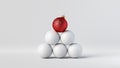 3d render, abstract concept. Red glass ball on top of the white balls. Business metaphor. Modern minimal Christmas background Royalty Free Stock Photo