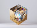 3d render, abstract cracked gold cube split into crystal and golden pieces, isolated on white background. Futuristic unique