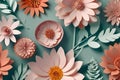 3d render, abstract cut paper flowers isolated on white, botanical background, festive floral arrangement. Rose, daisy, dahlia, Royalty Free Stock Photo