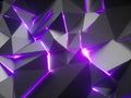 3d render, abstract faceted crystal background, black metallic texture, violet neon light, glowing laser lines, triangles