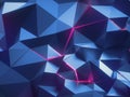 3d render, abstract faceted crystal background, blue metallic texture, pink neon light, glowing lines, triangles Royalty Free Stock Photo