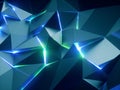 3d render, abstract faceted crystal background, metallic texture, green blue neon light, glowing laser lines, triangles Royalty Free Stock Photo