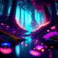 , abstract fantasy landscape, magic forest with dark trees, full moon and glowing neon lights, generative AI Royalty Free Stock Photo