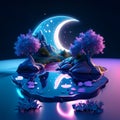 3d render, abstract fantasy landscape with moon, trees and flowers, night scene, fantasy landscape Generative AI