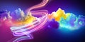 3d render, abstract fantasy neon background of glowing speed lines above the colorful clouds. Beautiful atmospheric phenomenon.