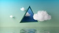 3d render, abstract fantasy surreal background with triangular hole in the green-blue wall and white clouds flying above the water