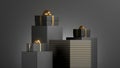 3d render, abstract festive background. Stack of black gift boxes with golden ribbon bows. Showcase scene with empty stage podium