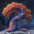 3D render of an abstract, fractal-shaped tree in blue and orange colors, AI-generated. Royalty Free Stock Photo