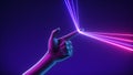 3d render, abstract futuristic concept, artificial hand pulls blue pink neon glowing lines. Mannequin body part