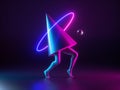 3d render, abstract futuristic geometric shape, cone with walking legs illuminated with neon light, glowing ring, surreal minimal.