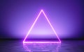 3d render, abstract geometric background, glowing neon triangular frame and reflection in the water. Minimal futuristic