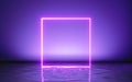 3d render, abstract geometric background, glowing pink neon square frame and reflection in the water.