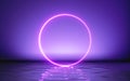 3d render, abstract geometric background, glowing pink ring, neon round frame and reflection in the water.