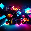 3d render, abstract geometric background with neon glowing cubes. Futuristic technology style. generative AI Royalty Free Stock Photo